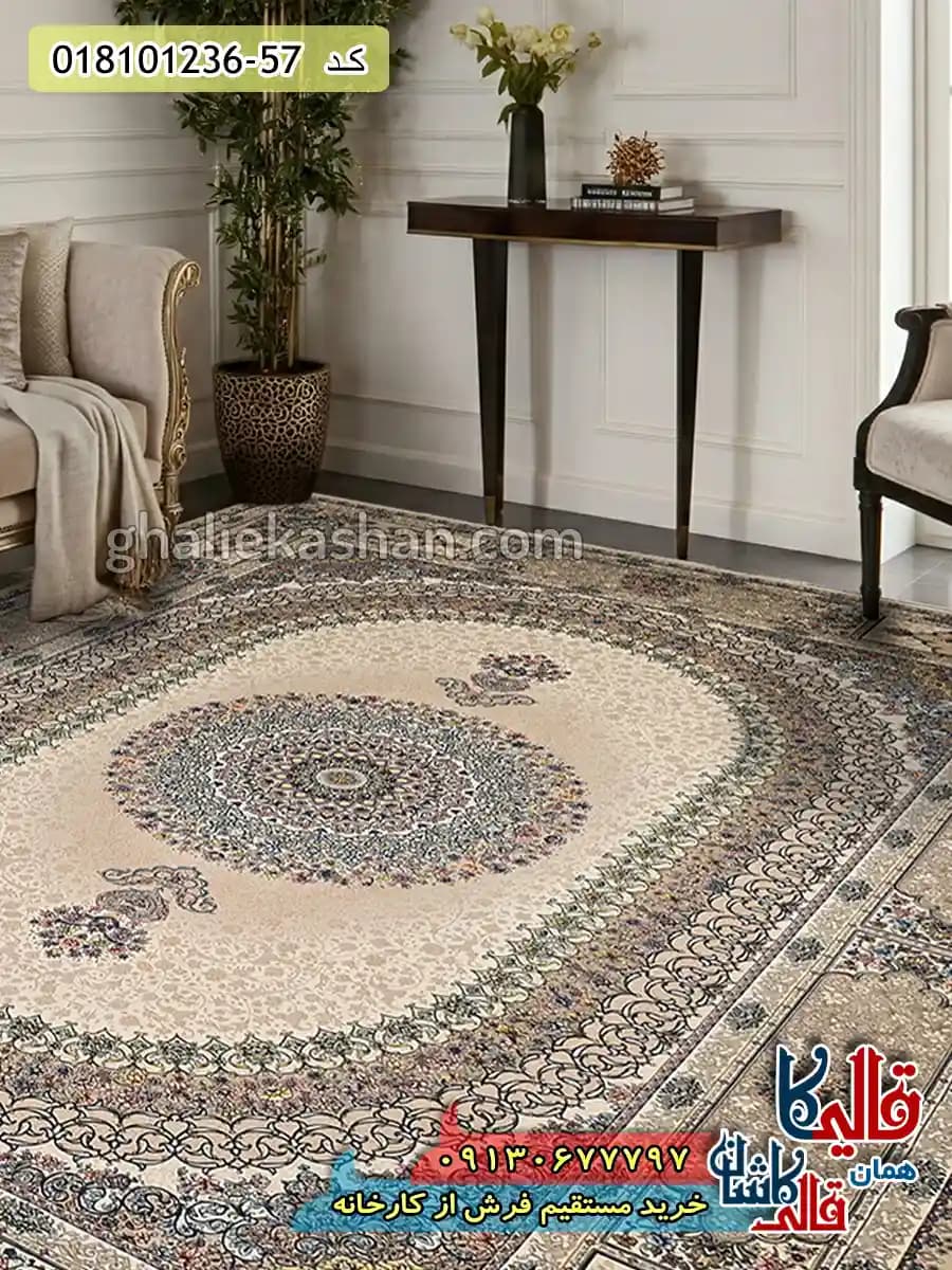 فرش 1200 شانه طرح صدرا زمینه بژ کاشان