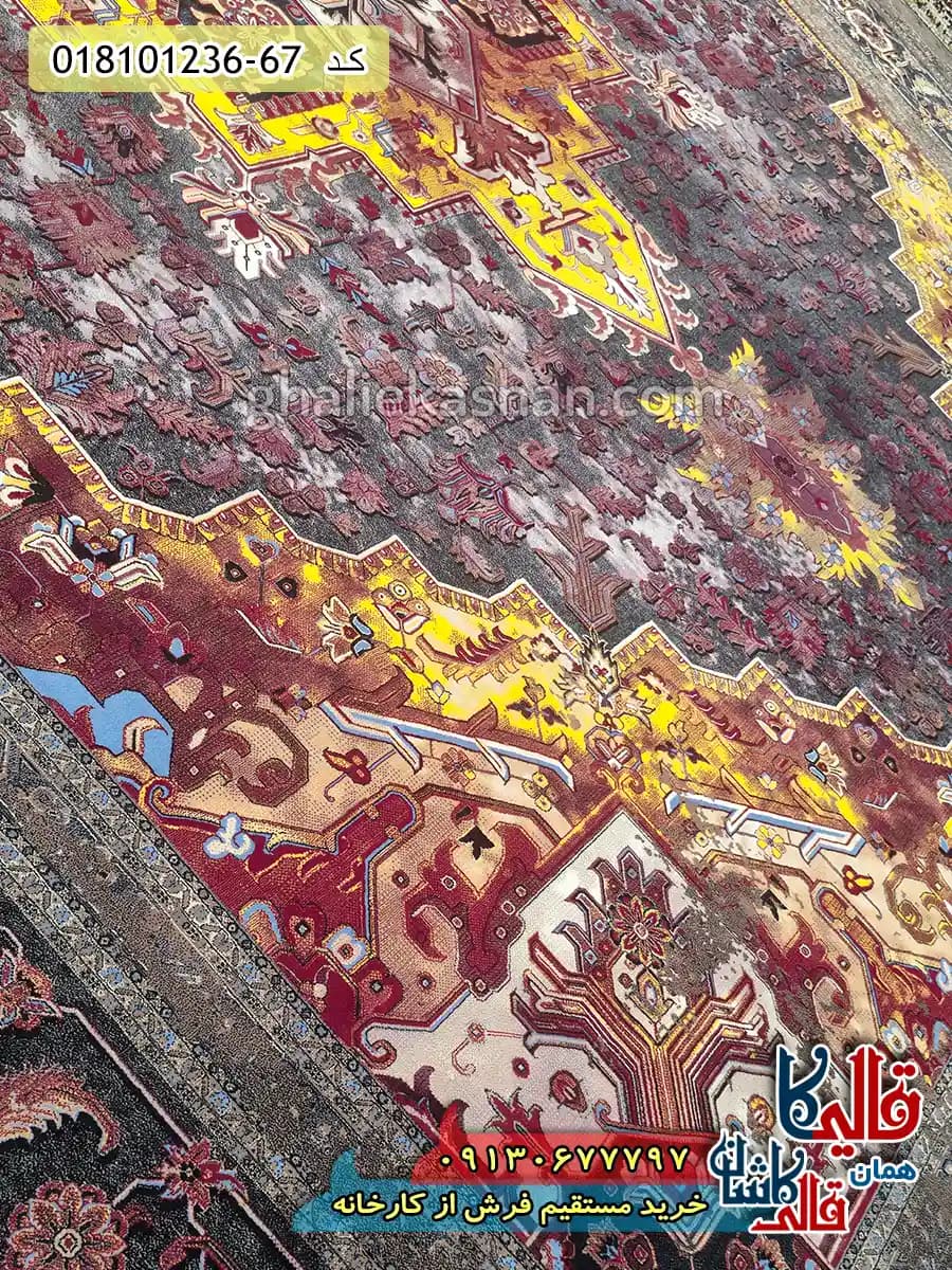 فرش وینتیج 1200 شانه طرح هریس زمینه زغالی زرد کاشان — تصویر ۵