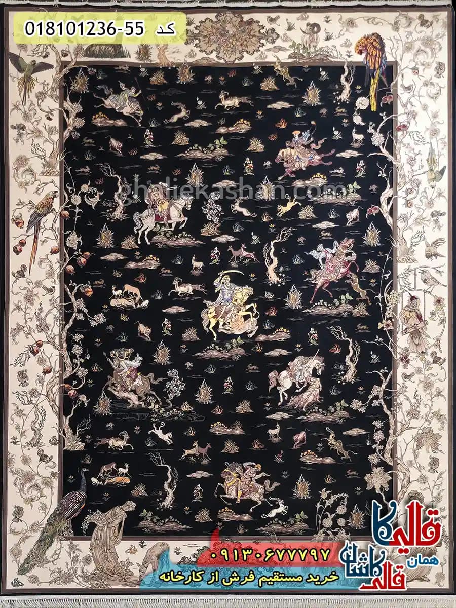 فرش 1200 شانه شکارگاه طرح شبدیز زمینه سرمه ای کاشان — تصویر ۲