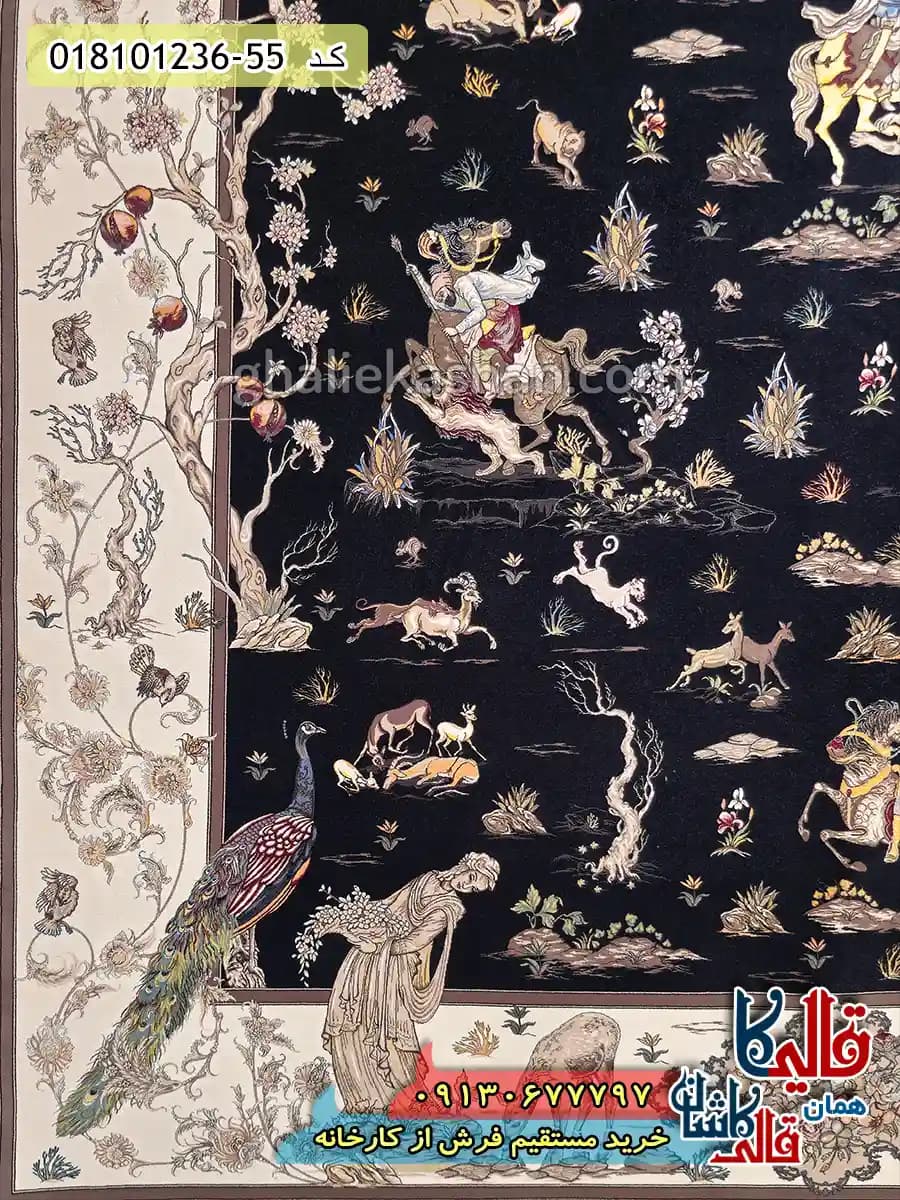فرش 1200 شانه شکارگاه طرح شبدیز زمینه سرمه ای کاشان — تصویر ۳