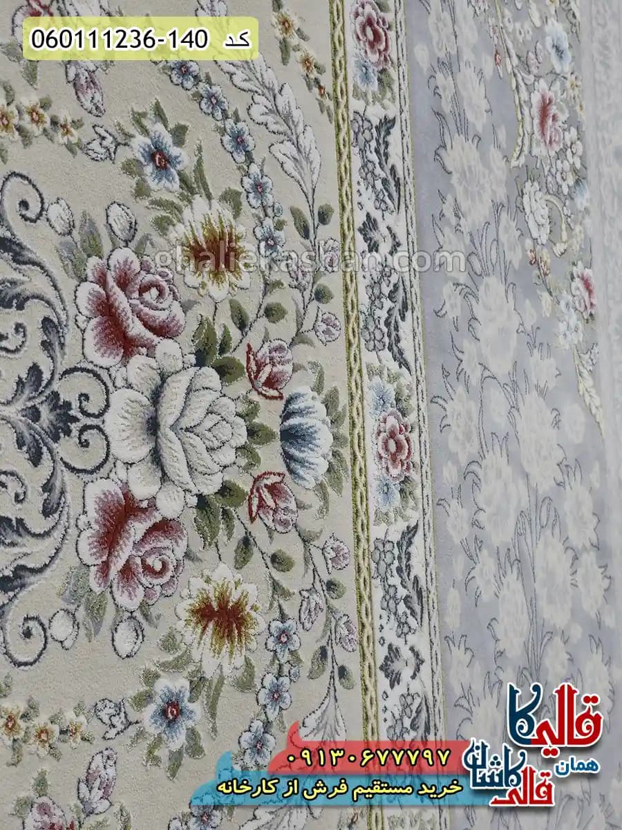 فرش 1200 شانه طرح نیکا زمینه طوسی نقره ای گل برجسته کاشان — تصویر ۵