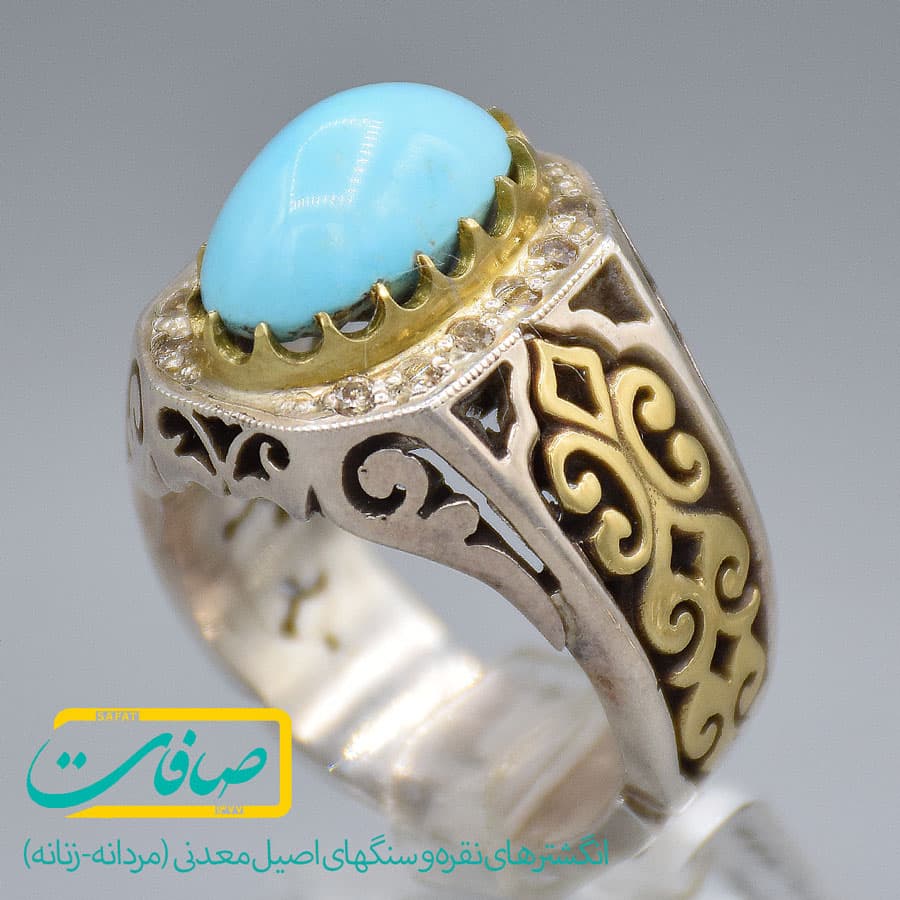 انگشتر فیروزه نیشابور درشت و صاف با 12 عدد الماس مردانه «کد 3809»