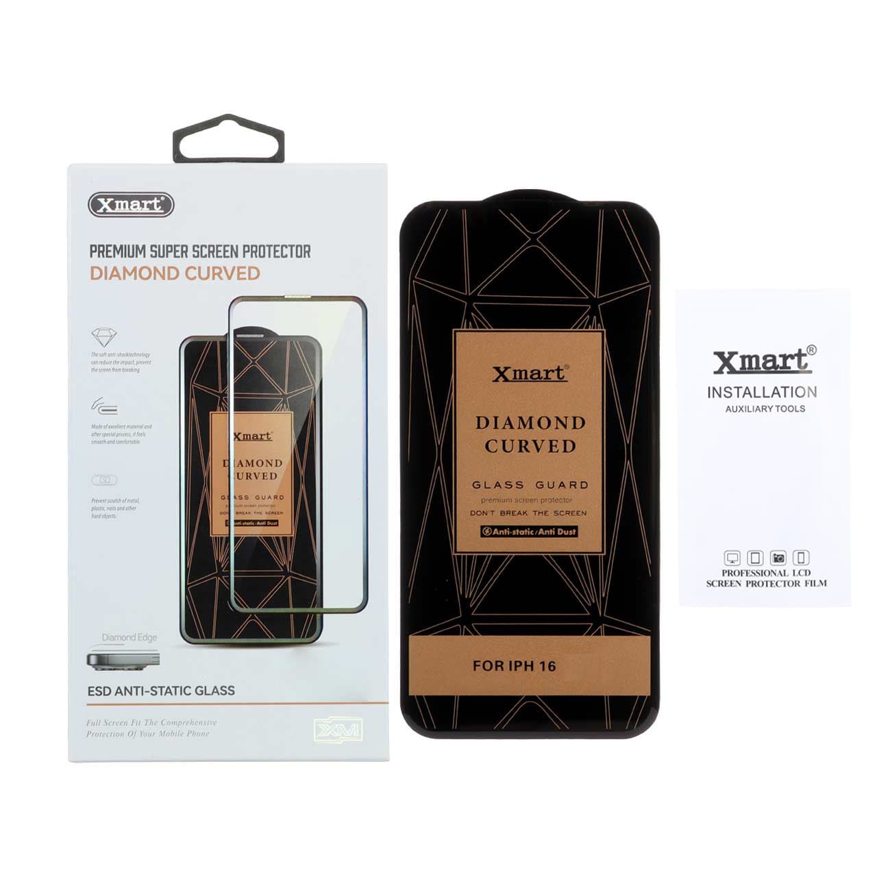 گلس و محافظ صفحه نمایش شیشه ای اورجینال XMART – Diamond Curved ESD Anti Static مدل Apple iPhone 16 / iPhone 15 / iPhone 14 Pro (پک دار)
