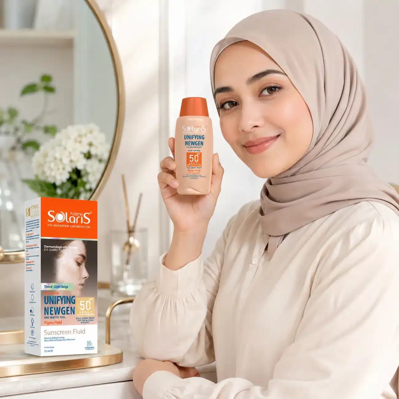 فلوئید ضد آفتاب رنگی ضد لک آردن سولاریس مدل نیوژن بژ طبیعی SPF50 — تصویر ۸