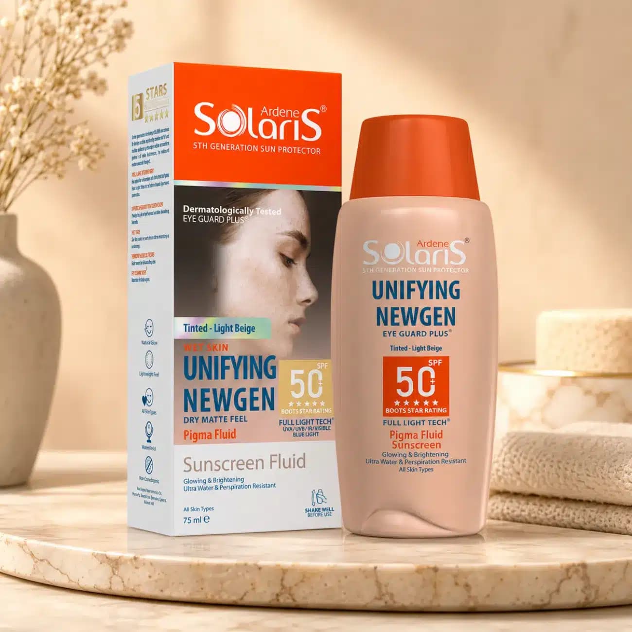 فلوئید ضد آفتاب رنگی ضد لک آردن سولاریس مدل نیوژن بژ طبیعی SPF50 — تصویر ۳