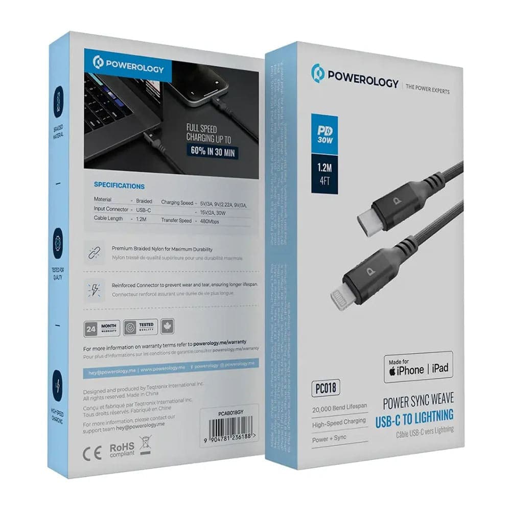 کابل فست شارژ کنفی پاورلوژی 1.2 متری USB-C به Lightning مدل Power Sync Weave رنگ مشکی — تصویر ۲