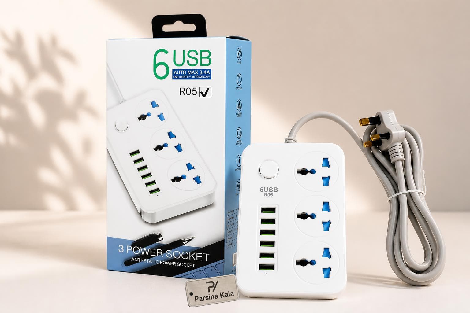 چند راهی برق مدل R05 اورجینال (دارای ۶ پورت USB)