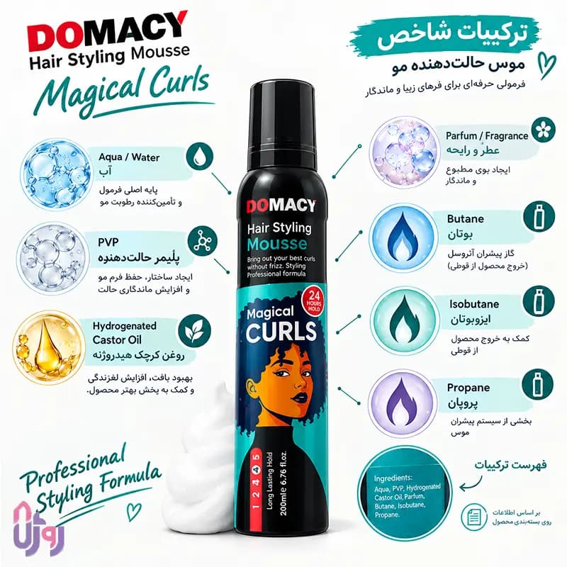 اسپری مو دوماسیDOMACY مدل موس حالت‌دهنده مو Hair Styling Mousse Magical Curls قدرت نگهدارندگی 4 Hold حجم 200 میلی‌لیتر — تصویر ۸