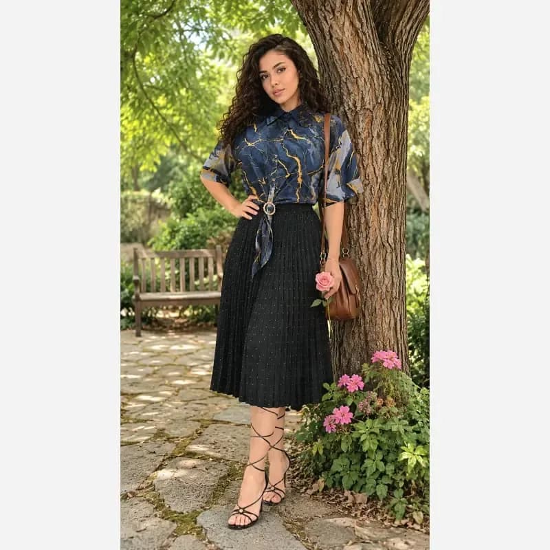 شومیز گره ای نخی طرح مرمر سرمه ای فری سایز — تصویر ۲