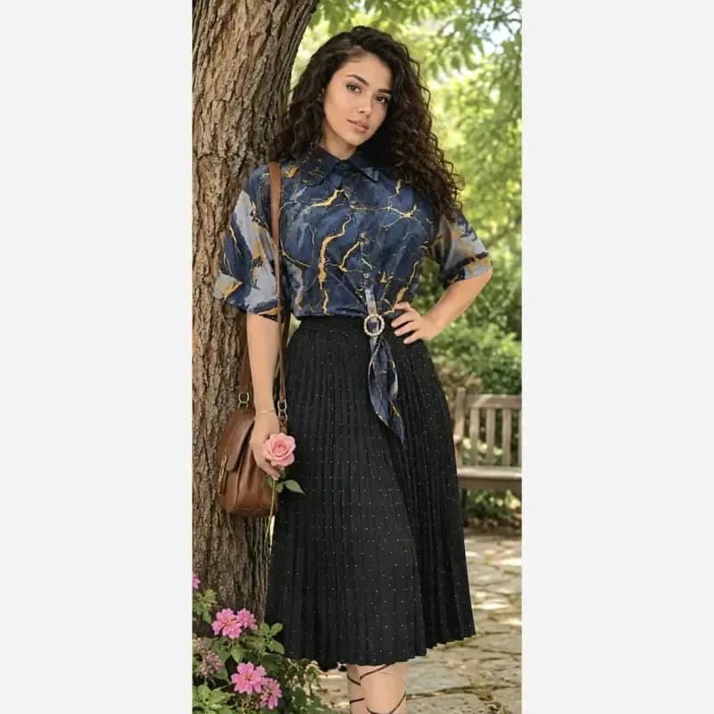 شومیز گره ای نخی طرح مرمر سرمه ای فری سایز — تصویر ۷