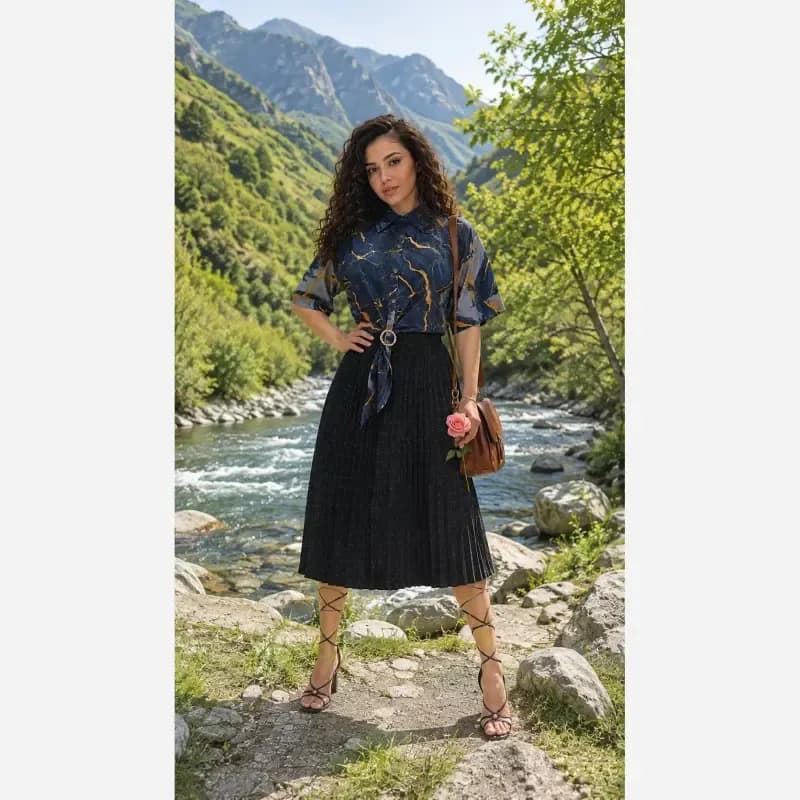 شومیز گره ای نخی طرح مرمر سرمه ای فری سایز — تصویر ۶