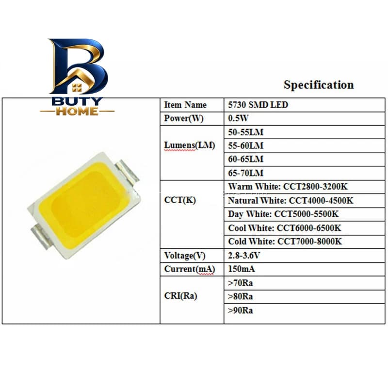 چیپ ال ای دی 0.5 وات مدل 5730 3V 0.5W بسته ۱۰ عددی — تصویر ۲