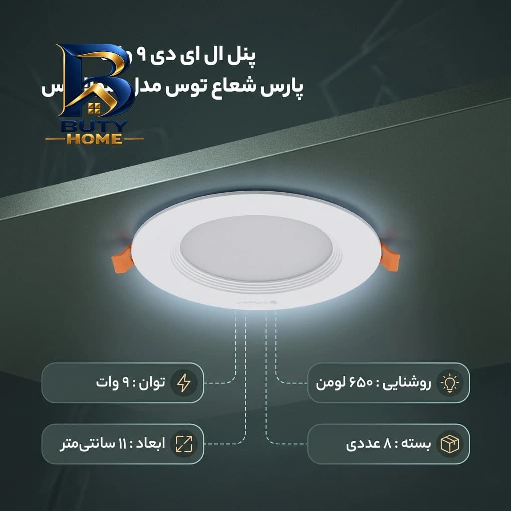 پنل ال ای دی 9 وات مدل سولاریس دایره بسته پارس شعاع توس 8 عددی — تصویر ۲