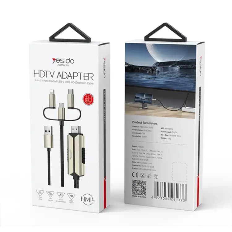 کابل 3سر لایتنینگ،تایپسی،میکرو به HDMI یسیدو 4k طول 2 متر Yesido 3IN1 HDMI CABLE HM14 2M — تصویر ۸