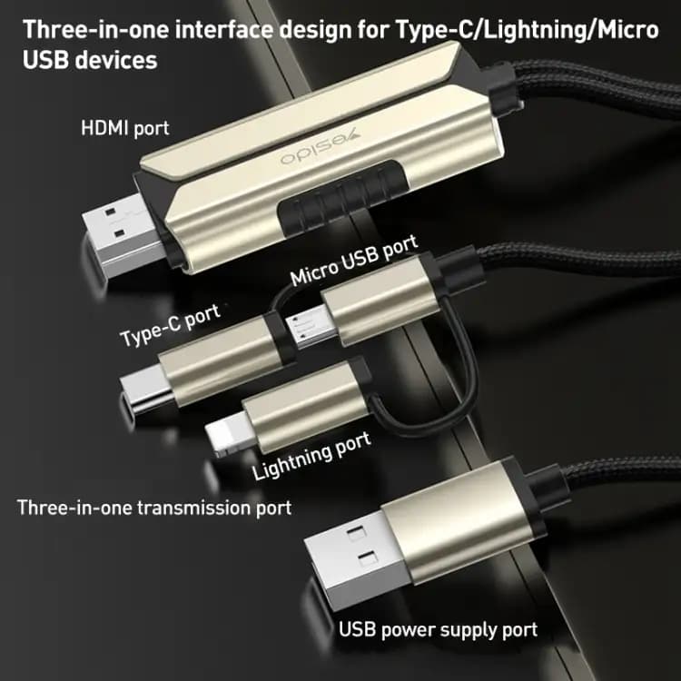 کابل 3سر لایتنینگ،تایپسی،میکرو به HDMI یسیدو 4k طول 2 متر Yesido 3IN1 HDMI CABLE HM14 2M — تصویر ۶