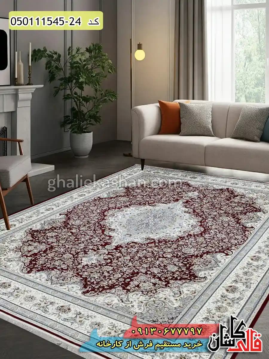 فرش 1500 شانه طرح شهریار زمینه قرمز روناسی گل برجسته کاشان
