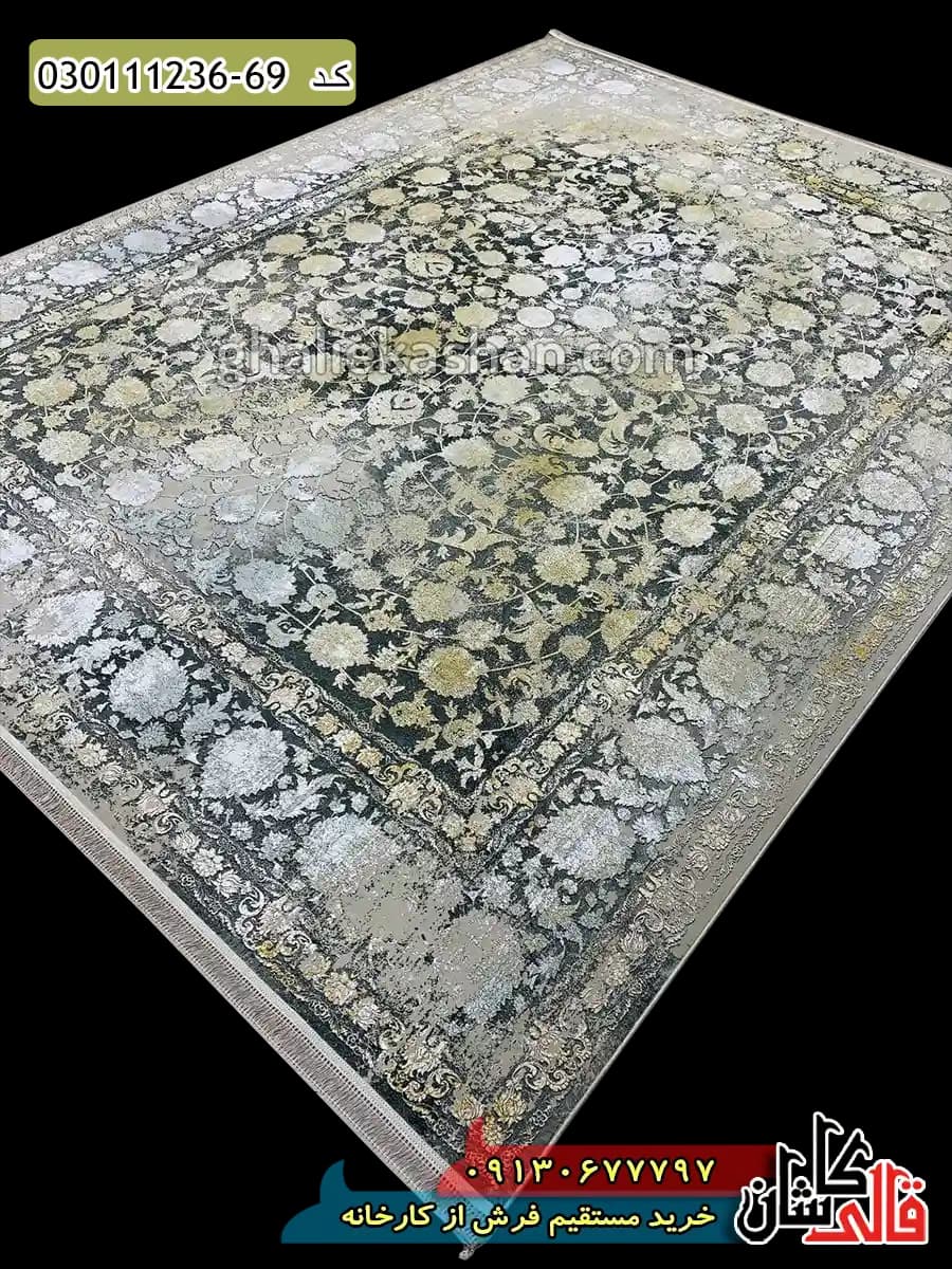 فرش طلاکوب وینتیج 1200 شانه طرح افشان شاه عباسی زمینه طوسی دودی کاشان گل برجسته — تصویر ۲