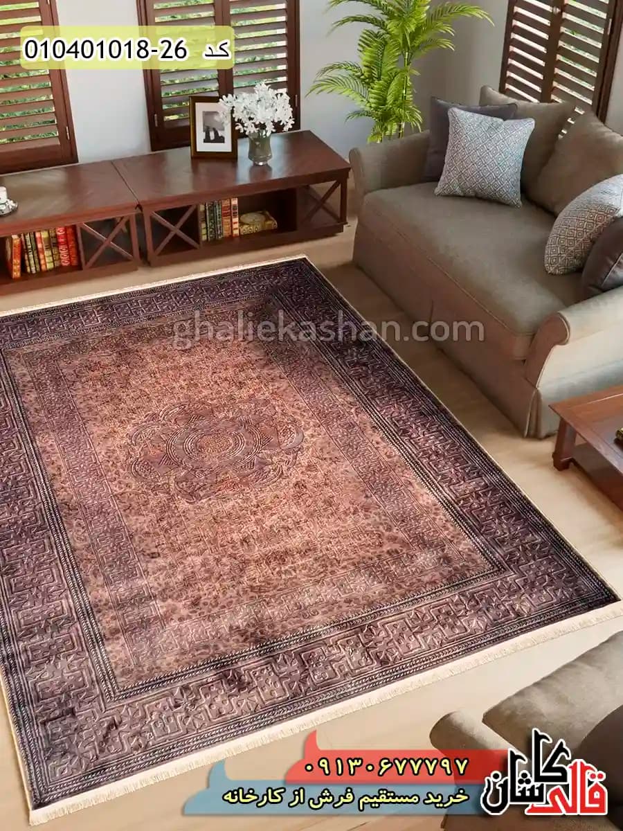فرش وینتیج 1000 شانه طرح خط میخی باستان زمینه قهوه ای تیره کاشان