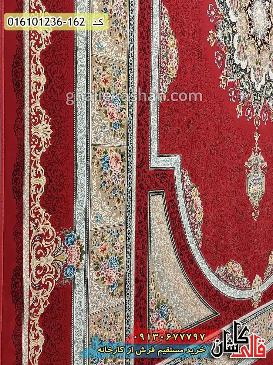 فرش 1200 شانه طرح طاق بستان زمینه قرمز لاکی کاشان — تصویر ۳