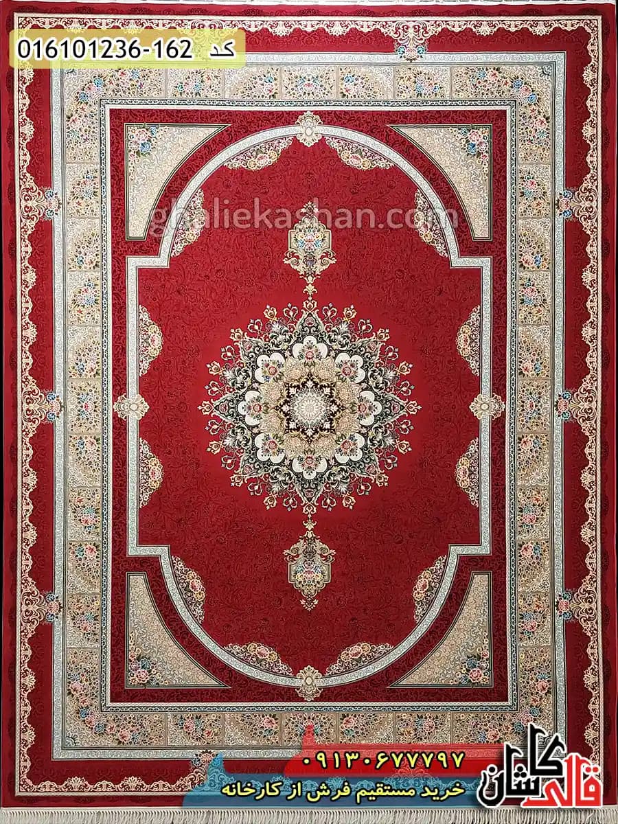 فرش 1200 شانه طرح طاق بستان زمینه قرمز لاکی کاشان — تصویر ۲