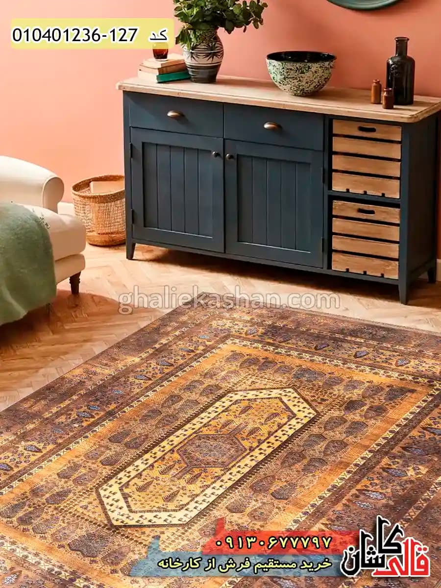 فرش وینتیج 1200 شانه طرح باغ فین زمینه قهوه ای شکلاتی کاشان
