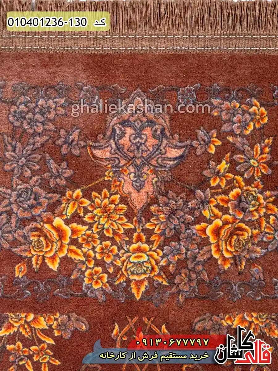 فرش طلاکوب وینتیج 1200 شانه طرح افشان هارمونیکا زمینه قهوه ای کاشان — تصویر ۵