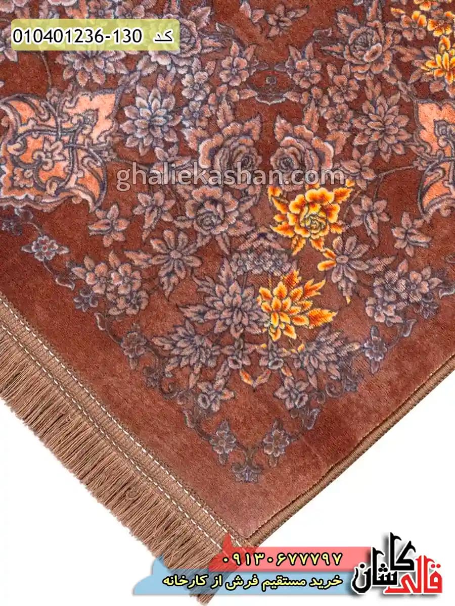 فرش طلاکوب وینتیج 1200 شانه طرح افشان هارمونیکا زمینه قهوه ای کاشان — تصویر ۶