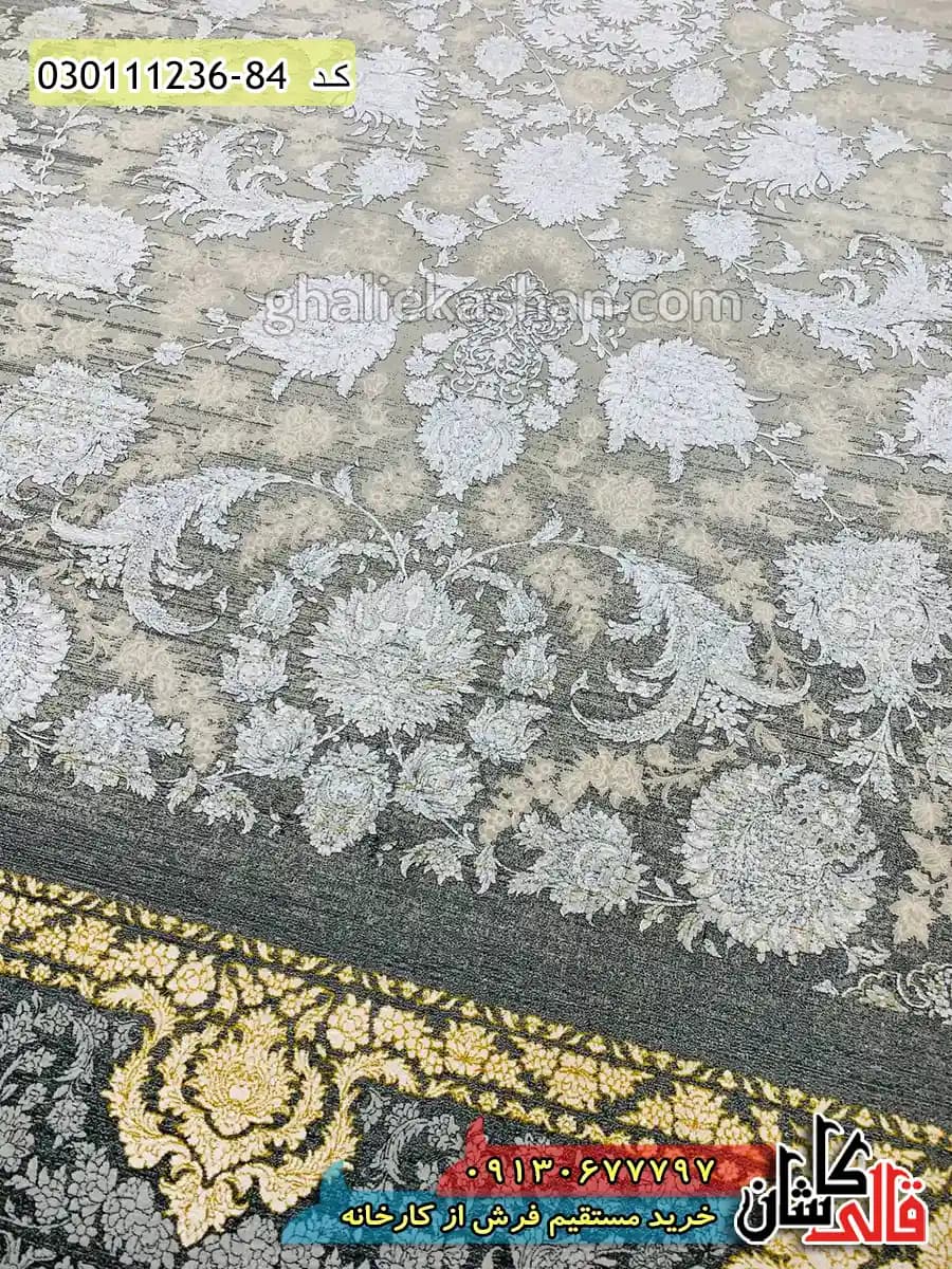 فرش طلاکوب وینتیج 1200 شانه طرح افشان مروارید زمینه طوسی دودی کاشان – گل برجسته — تصویر ۴