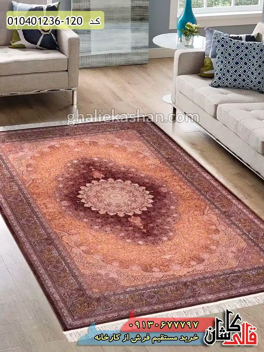 فرش طلاکوب وینتیج 1200 شانه طرح چلچراغ دستان زمینه قهوه ای کاشان