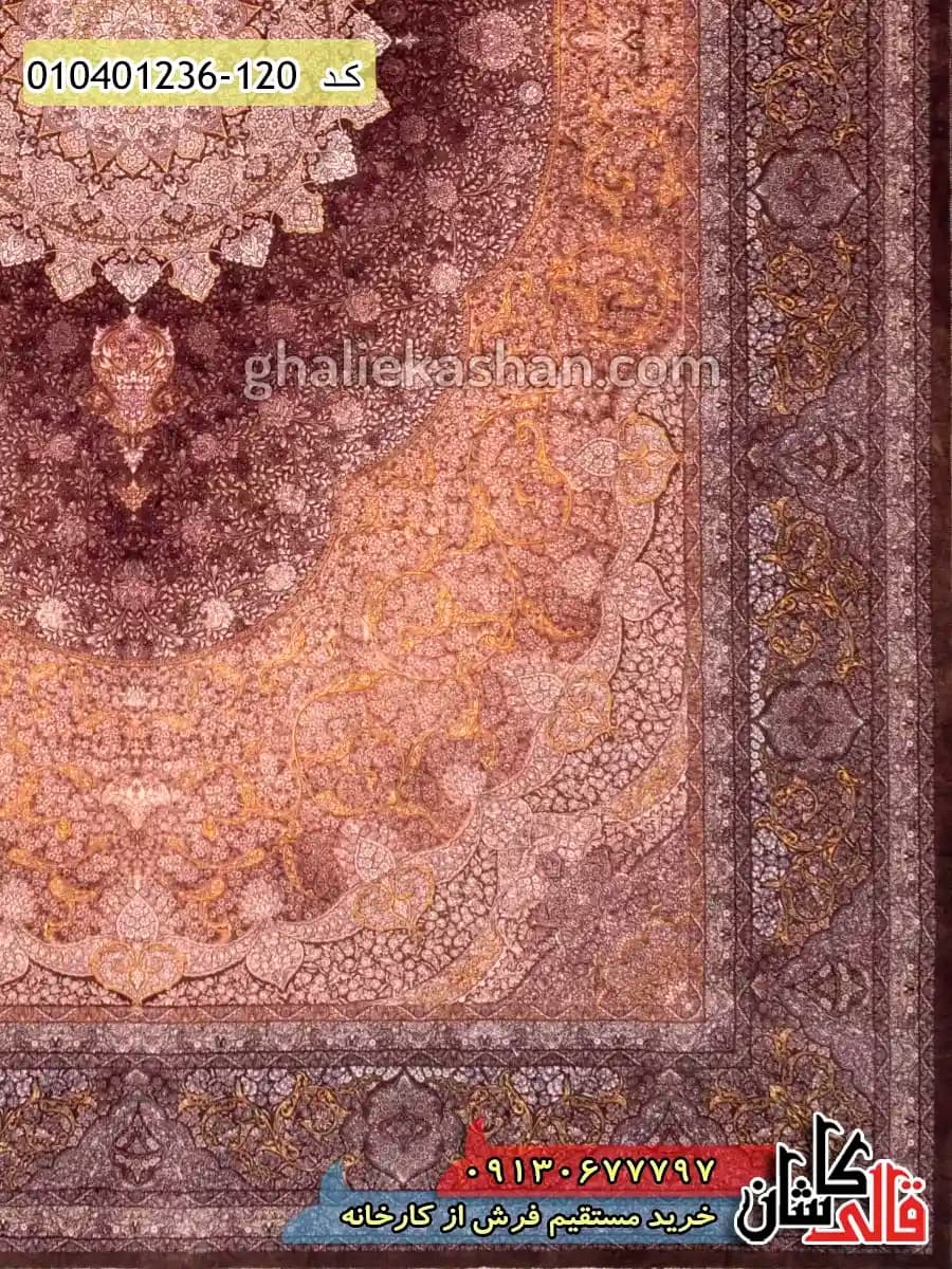 فرش طلاکوب وینتیج 1200 شانه طرح چلچراغ دستان زمینه قهوه ای کاشان — تصویر ۳