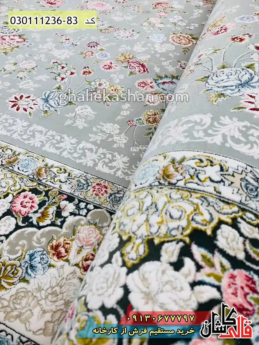 فرش 1200 شانه طرح افشان ماندگار زمینه طوسی نقره ای کاشان – گل برجسته — تصویر ۳