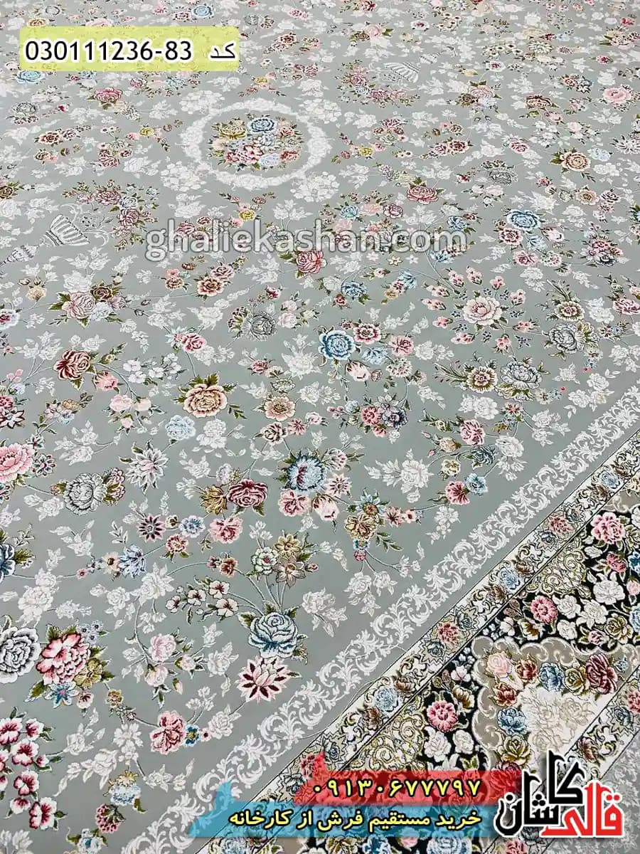 فرش 1200 شانه طرح افشان ماندگار زمینه طوسی نقره ای کاشان – گل برجسته — تصویر ۴