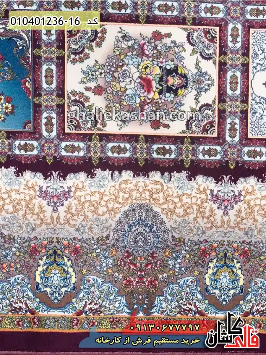 فرش 1200 شانه طرح خشتی گلدانی زمینه قرمز شرابی کاشان — تصویر ۵