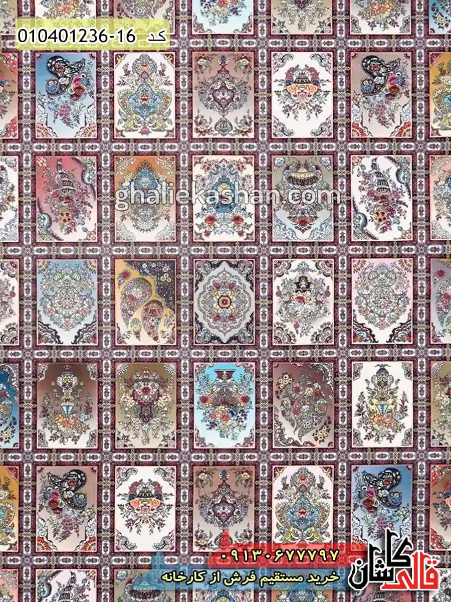 فرش 1200 شانه طرح خشتی گلدانی زمینه قرمز شرابی کاشان — تصویر ۴