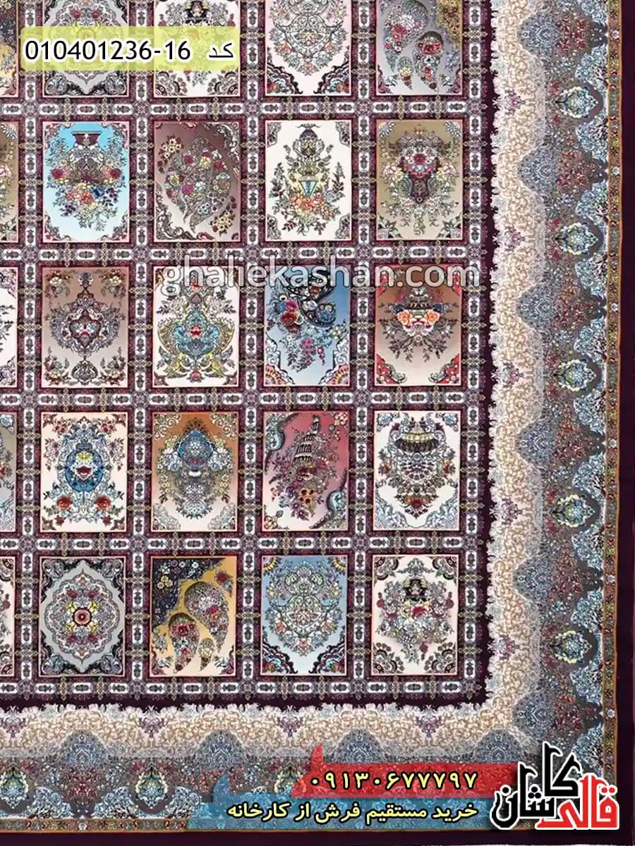 فرش 1200 شانه طرح خشتی گلدانی زمینه قرمز شرابی کاشان — تصویر ۳
