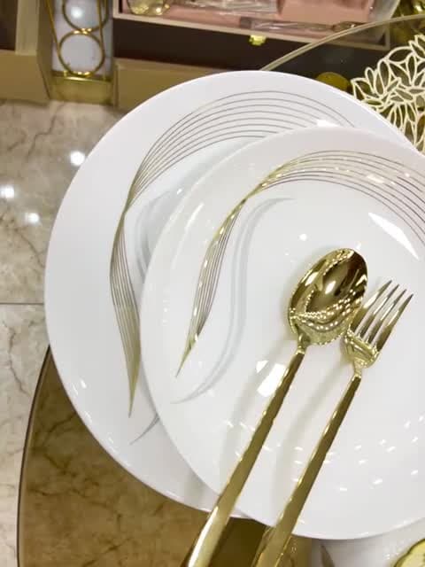 سرویس غذاخوری 36 پارچه شمل طلایی گرد و مربع ،سرویس ارکوپال 6نفره کامل طرح شمل طلاکوب گرد دایره و مربع