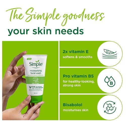 ژل شست‌وشوی مرطوب‌کننده سیمپل Simpleمدل kind to skin شوینده ملایم و آبرسان مناسب پوست‌های خشک، نرمال و حساس حجم 150 میلی لیتر — تصویر ۲