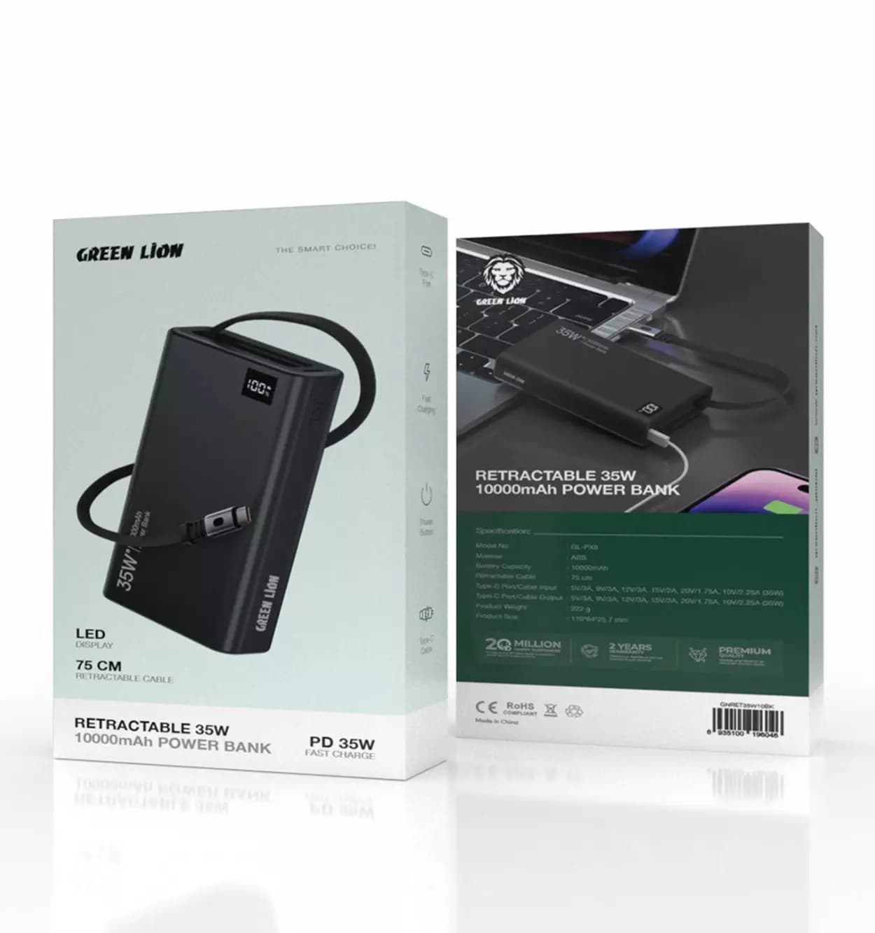 پاوربانک قابل حمل گرین لاین Green Lion Retractable Power Bank 35W 10000mAh ساعت مدل 47227 — تصویر ۲