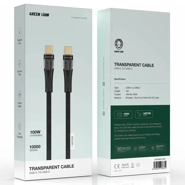کابل شفاف USB-C گرین لاین 100 وات Green Lion Transparent Cable USB-C to USB-C