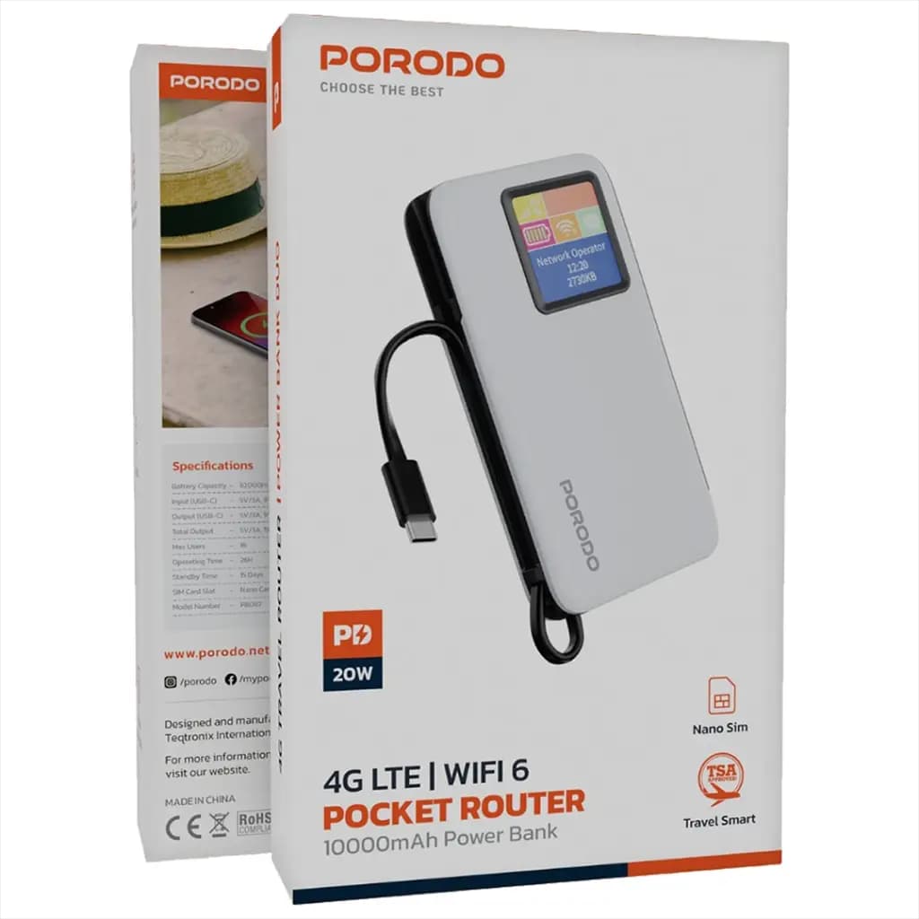 مودم سیم کارتی و پاوربانک با باطری 10000 هزار پرودو مدل Porodo 4G LTE | WiFi 6 Pocket Router with 10000mAh Power Bank — تصویر ۴
