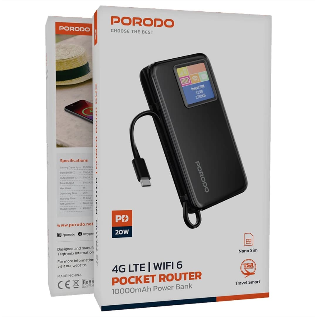 مودم سیم کارتی و پاوربانک با باطری 10000 هزار پرودو مدل Porodo 4G LTE | WiFi 6 Pocket Router with 10000mAh Power Bank — تصویر ۵
