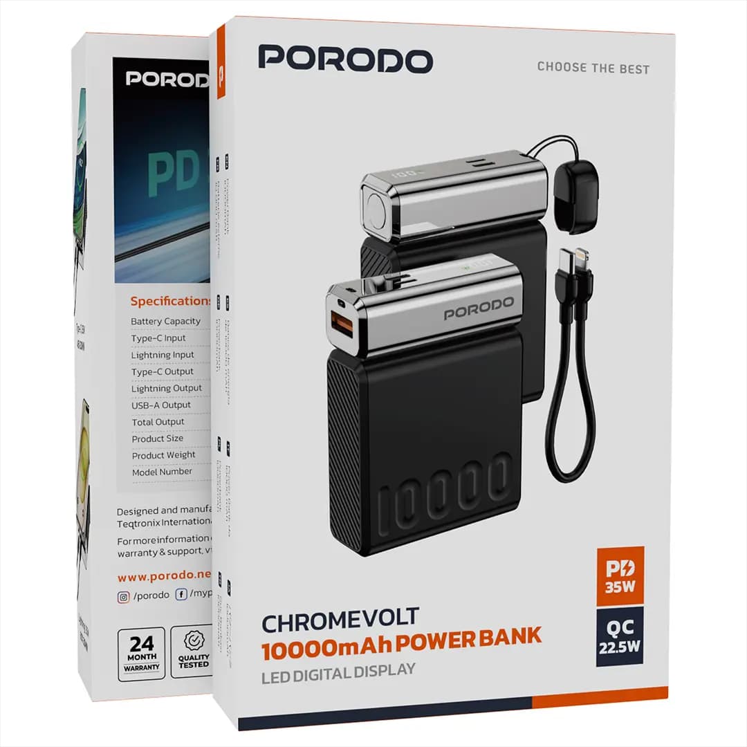 پاوربانک فست شارژ 10000 هزار 35 وات پرودو مدل Porodo Chrome Volt 10000mAh Power Bank PDPBFCH088BK — تصویر ۴