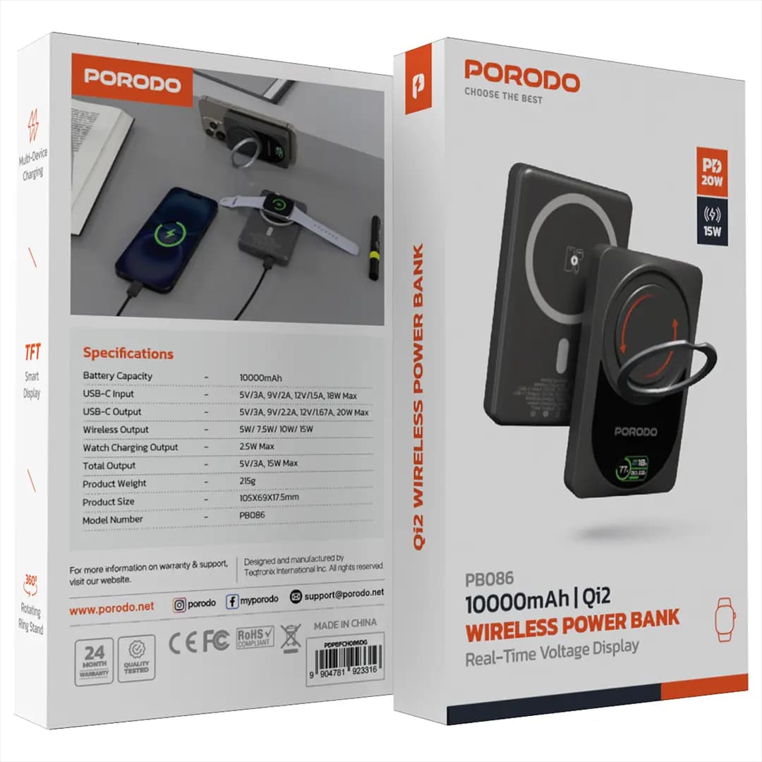 پاوربانک فست شارژ وایرلس 10000 هزار پرودو مدل | Porodo PDPBFCH086DG 10000mAh Qi2 Wireless Power Bank — تصویر ۶