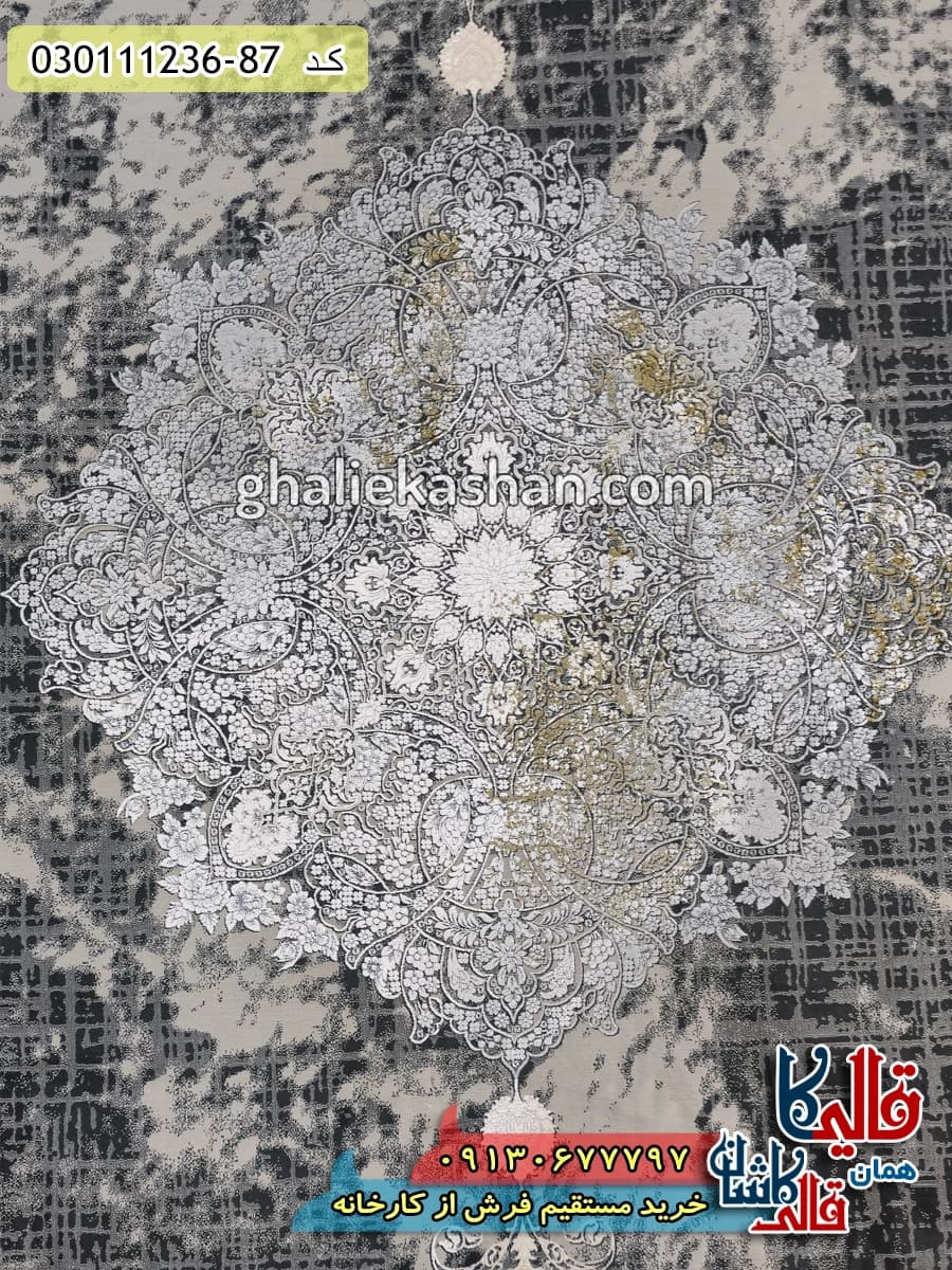 فرش وینتیج 1200 شانه طرح نسترن زمینه طوسی دودی کاشان – گل برجسته — تصویر ۴