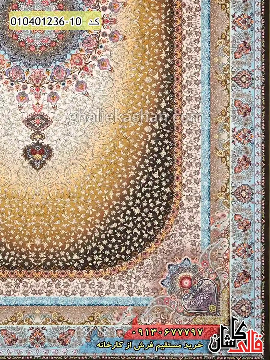 فرش 1200 شانه طرح عتیق الوان زمینه زرد طلایی کاشان — تصویر ۴