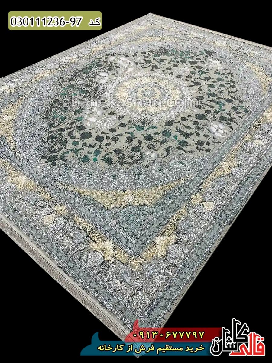 فرش طلاکوب وینتیج 1200 شانه طرح ساغر زمینه فیلی سبز کاشان – گل برجسته — تصویر ۲