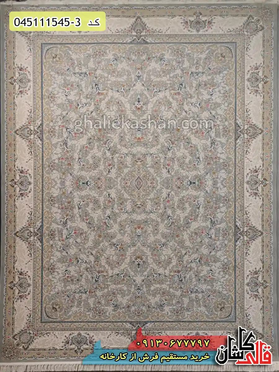 فرش طلاکوب 1500 شانه طرح افشان باغ جان زمینه طوسی نقره ای کاشان – گل برجسته — تصویر ۲