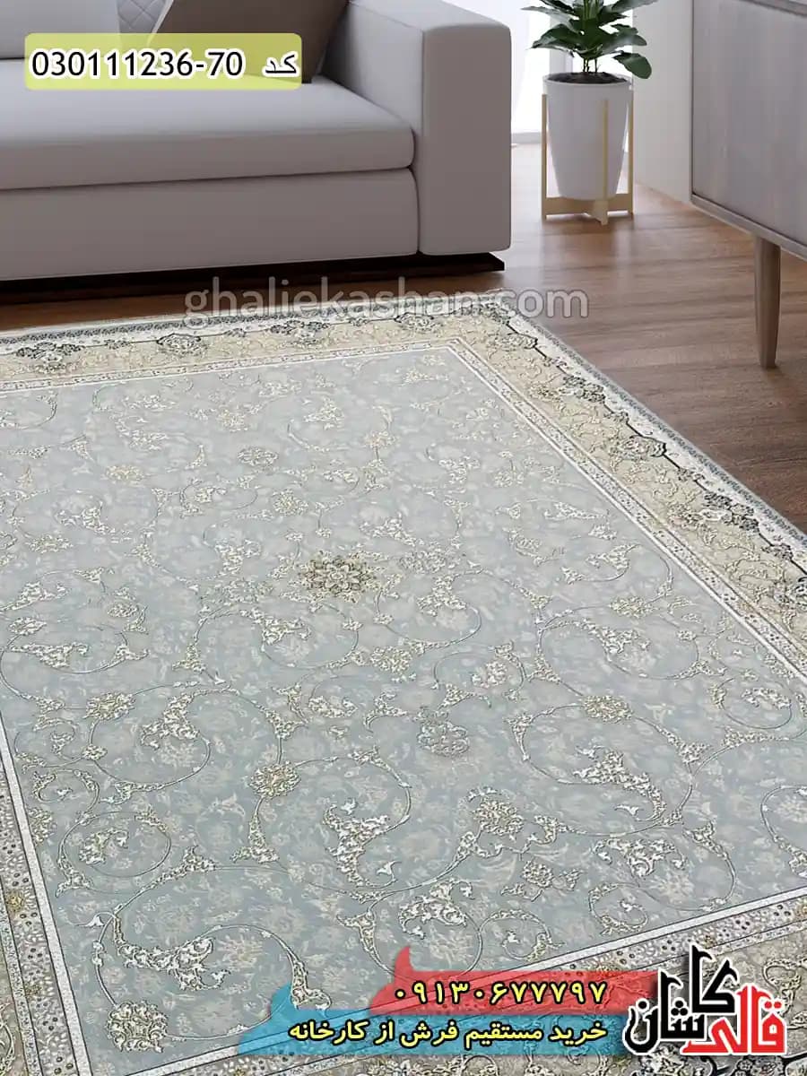 فرش طلاکوب 1200 شانه طرح افشان اسلیمی زمینه طوسی نقره ای کاشان – گل برجسته
