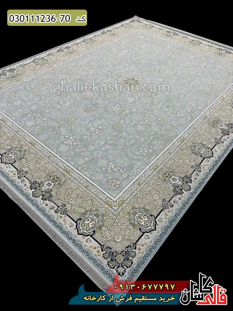 فرش طلاکوب 1200 شانه طرح افشان اسلیمی زمینه طوسی نقره ای کاشان – گل برجسته — تصویر ۲