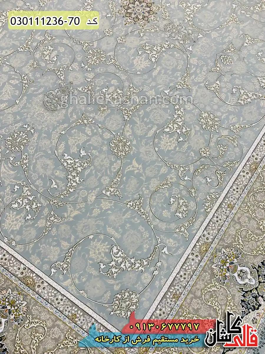فرش طلاکوب 1200 شانه طرح افشان اسلیمی زمینه طوسی نقره ای کاشان – گل برجسته — تصویر ۴